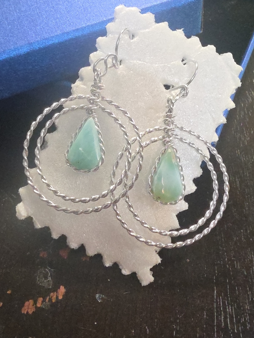 Sterling Silver Hoop Earrings with Aqua Teardrop Stone